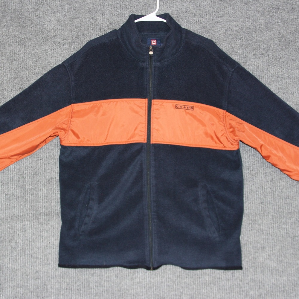Chaps Fleece Jacket Mens L Navy Blue Orange Zip Up Long Sleeve‎ Outerwear